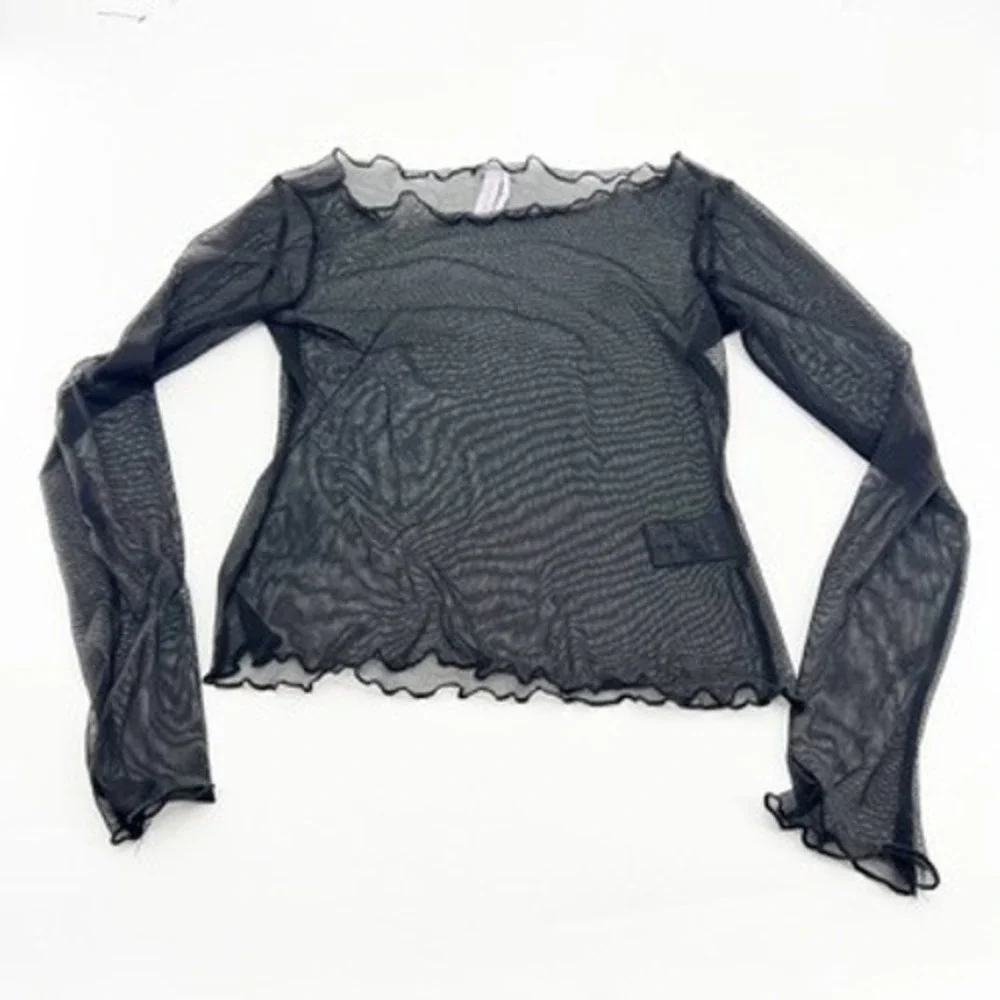 Out From Under Black Sheer Mesh Lettuce Edge Long Sleeve Top Women Small P/S